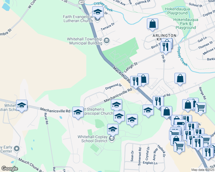 map of restaurants, bars, coffee shops, grocery stores, and more near 3783 Dogwood Drive in Lehigh County