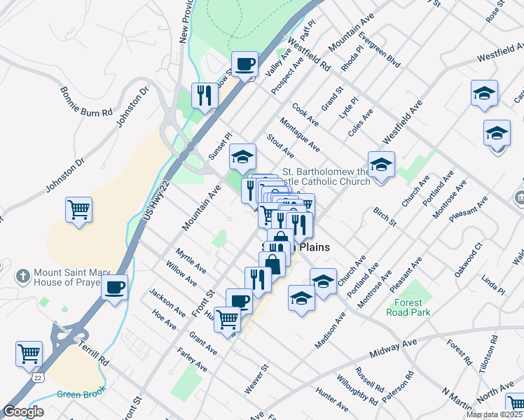 map of restaurants, bars, coffee shops, grocery stores, and more near 373 Park Avenue in Scotch Plains