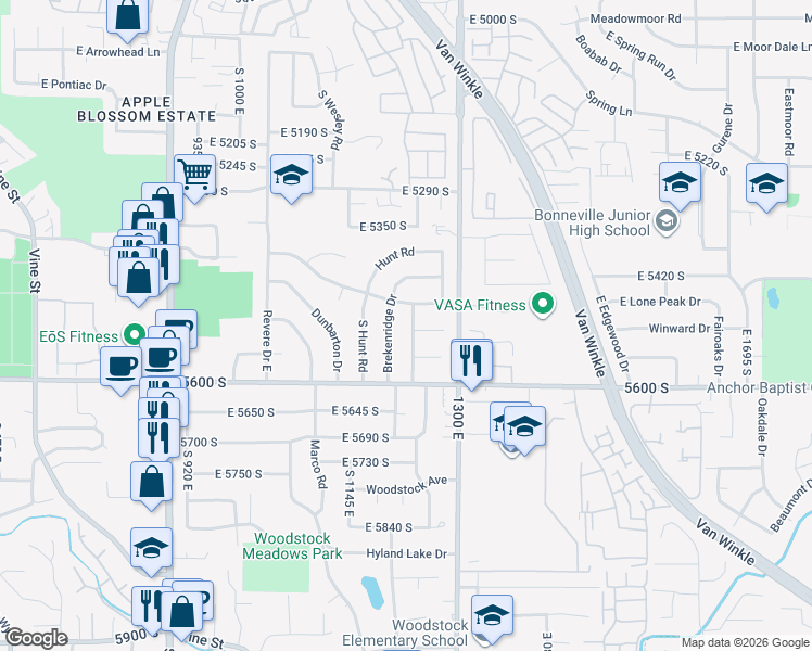 map of restaurants, bars, coffee shops, grocery stores, and more near 5500 South Brockway Street in Salt Lake City