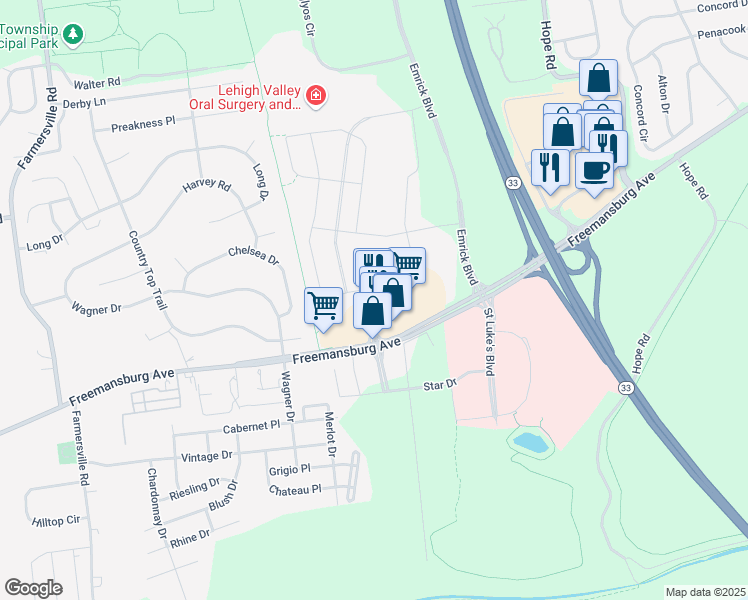 map of restaurants, bars, coffee shops, grocery stores, and more near 4773 Freemansburg Avenue in Easton