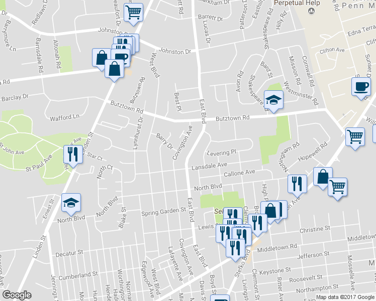 map of restaurants, bars, coffee shops, grocery stores, and more near 2641 East Boulevard in Bethlehem