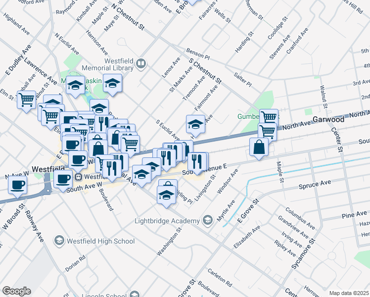map of restaurants, bars, coffee shops, grocery stores, and more near 516 South Euclid Avenue in Westfield