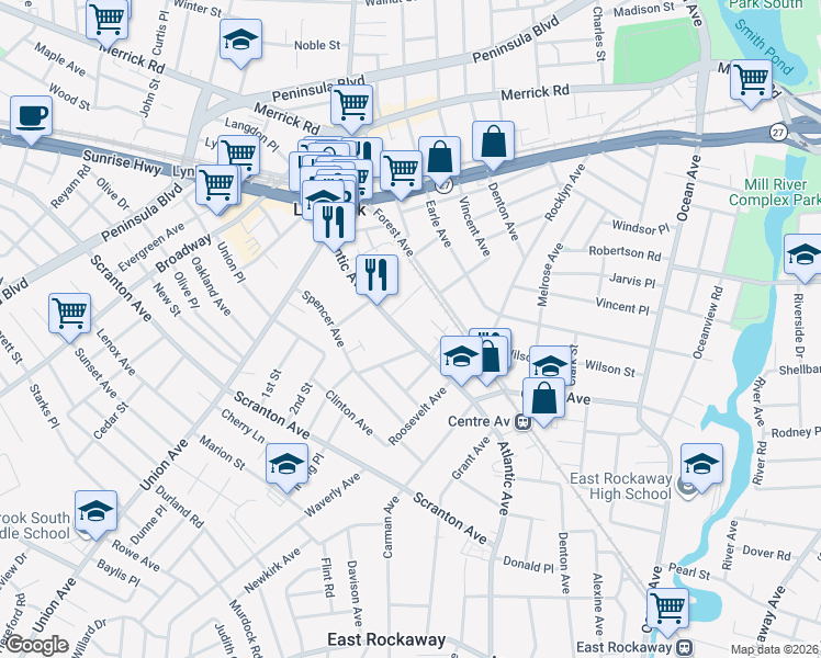 map of restaurants, bars, coffee shops, grocery stores, and more near 200 Atlantic Avenue in Lynbrook