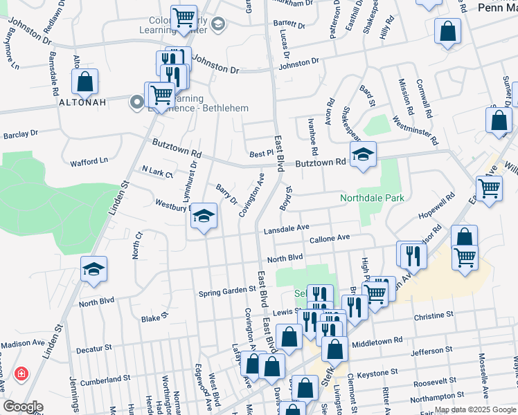 map of restaurants, bars, coffee shops, grocery stores, and more near 2641 East Boulevard in Bethlehem