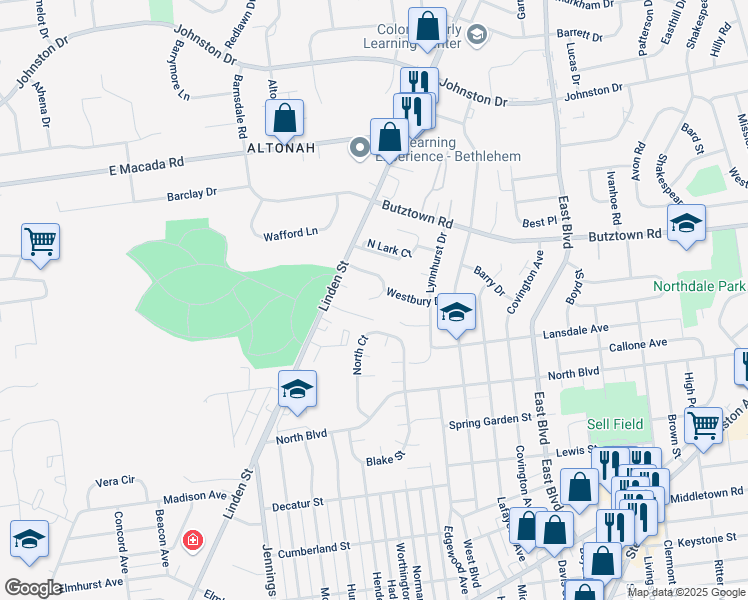 map of restaurants, bars, coffee shops, grocery stores, and more near 1045 Westbury Circle in Bethlehem
