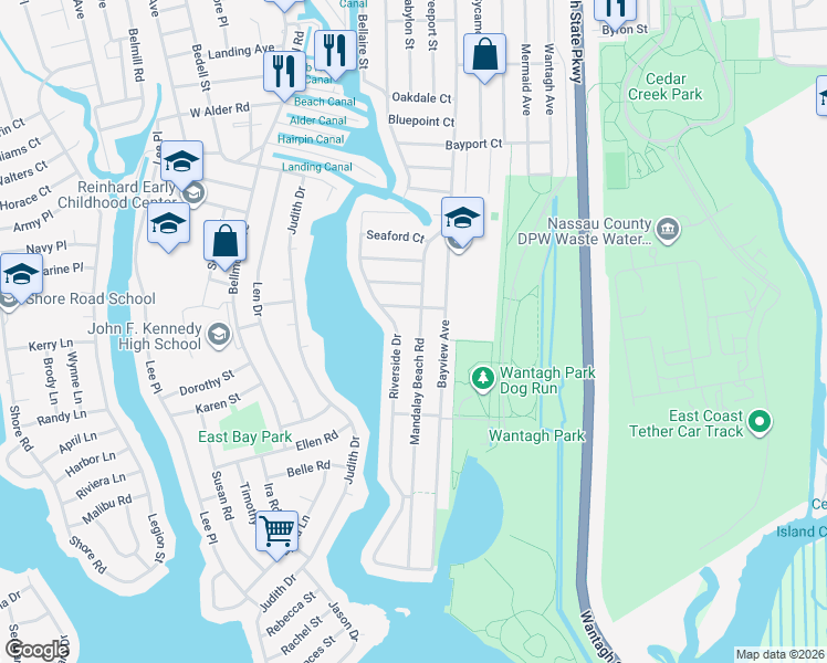 map of restaurants, bars, coffee shops, grocery stores, and more near 2764 Mandalay Beach Road in Wantagh