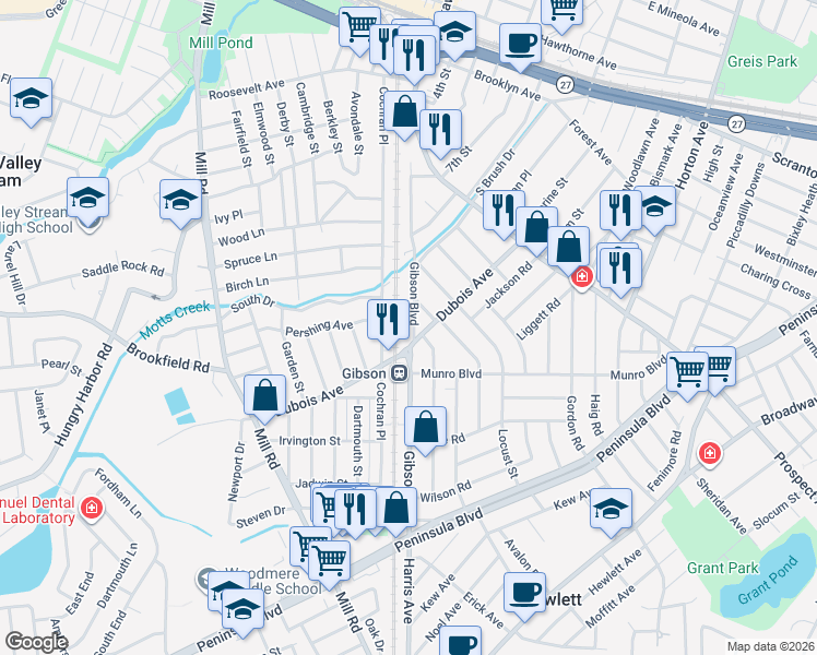 map of restaurants, bars, coffee shops, grocery stores, and more near 75 Poplar Street in Valley Stream
