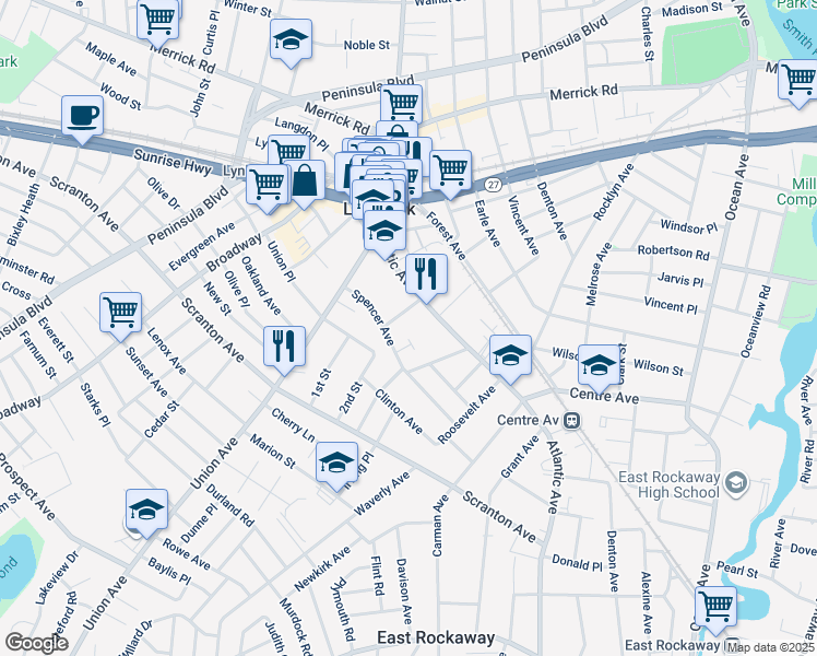 map of restaurants, bars, coffee shops, grocery stores, and more near 24 Raymond Avenue in Lynbrook