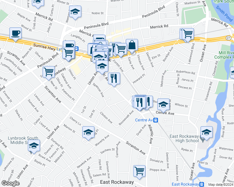map of restaurants, bars, coffee shops, grocery stores, and more near 12 Atlantic Avenue in Lynbrook