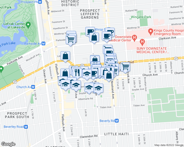 map of restaurants, bars, coffee shops, grocery stores, and more near 184 Martense Street in Brooklyn