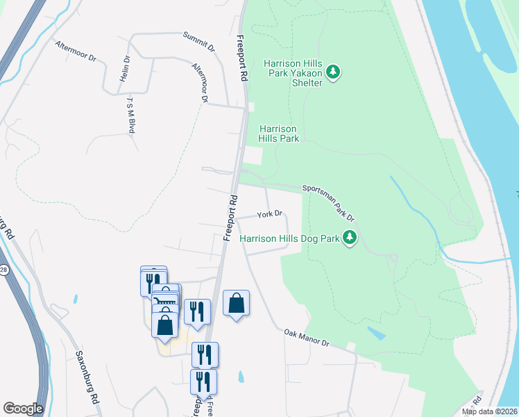 map of restaurants, bars, coffee shops, grocery stores, and more near 156 York Drive in Natrona Heights