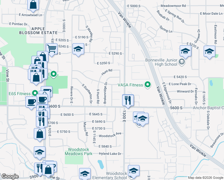 map of restaurants, bars, coffee shops, grocery stores, and more near 5486 South Brockway Street in Salt Lake City