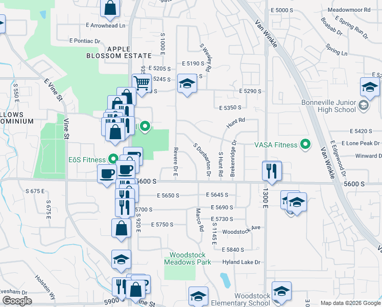 map of restaurants, bars, coffee shops, grocery stores, and more near 5505 South Somerset Way in Salt Lake City