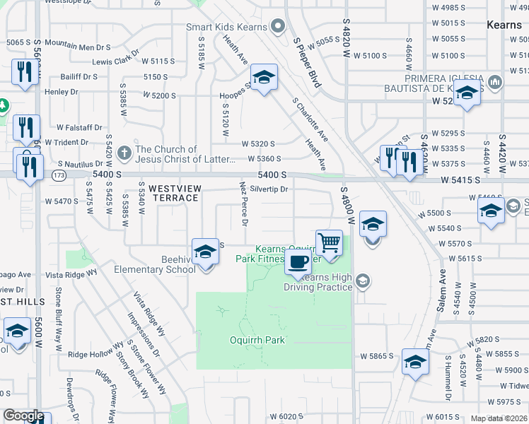map of restaurants, bars, coffee shops, grocery stores, and more near 5025 Moonflower Circle South in Kearns