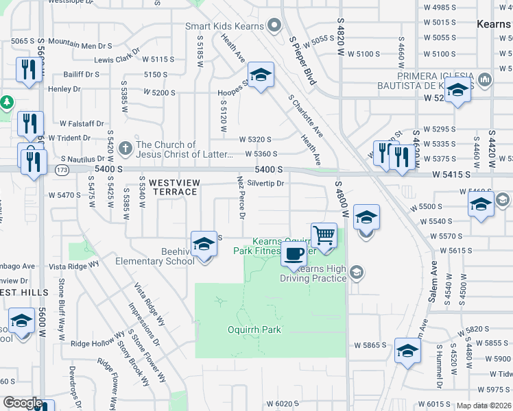 map of restaurants, bars, coffee shops, grocery stores, and more near 5025 Moonflower Circle South in Kearns