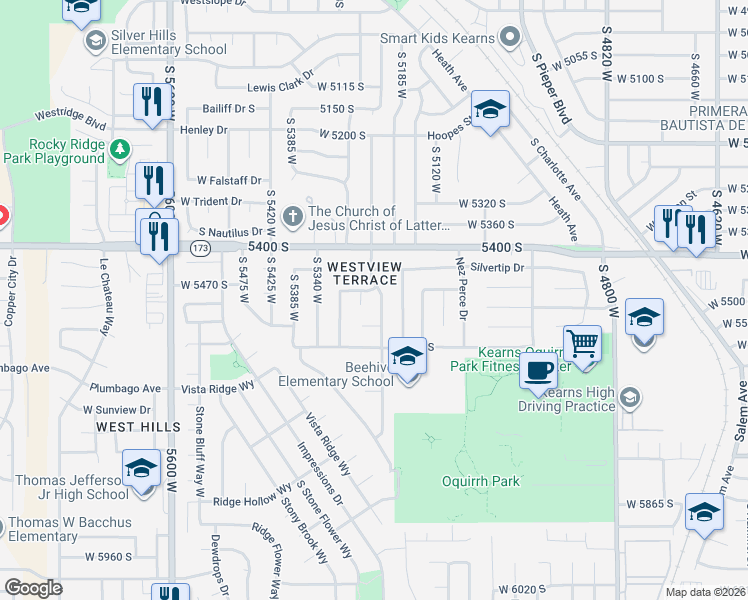 map of restaurants, bars, coffee shops, grocery stores, and more near 5485 South Sarah Jane Drive in Kearns