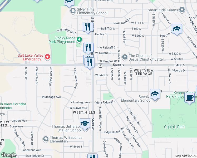 map of restaurants, bars, coffee shops, grocery stores, and more near 5527 West Highwood Drive in Kearns