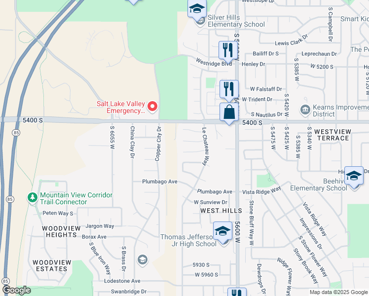 map of restaurants, bars, coffee shops, grocery stores, and more near 5785 West Chantilly Circle in Kearns