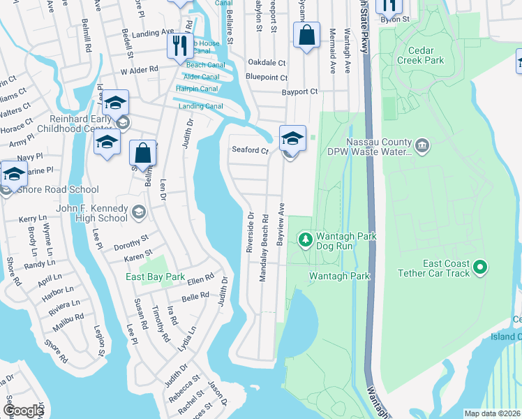 map of restaurants, bars, coffee shops, grocery stores, and more near 2764 Mandalay Beach Road in Wantagh