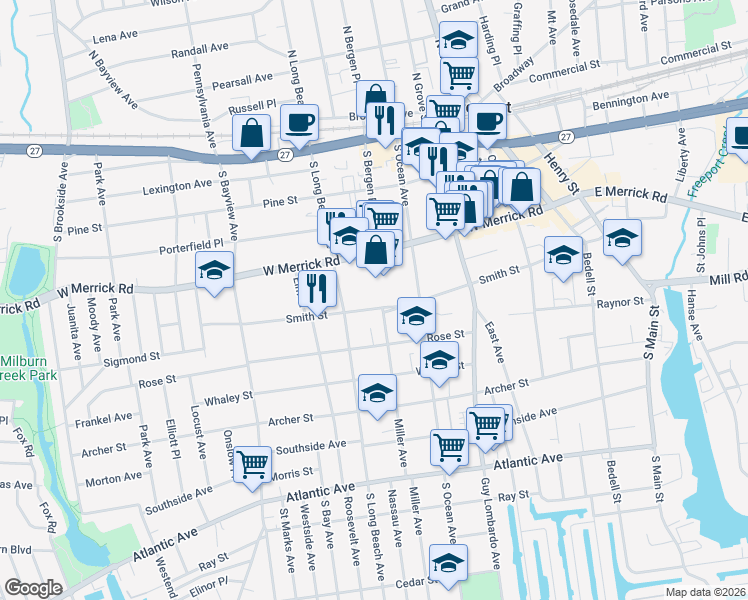 map of restaurants, bars, coffee shops, grocery stores, and more near 222 Smith Street in Freeport