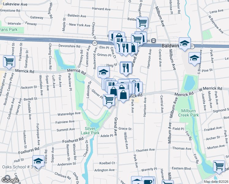 map of restaurants, bars, coffee shops, grocery stores, and more near 2428 Grand Avenue in Baldwin