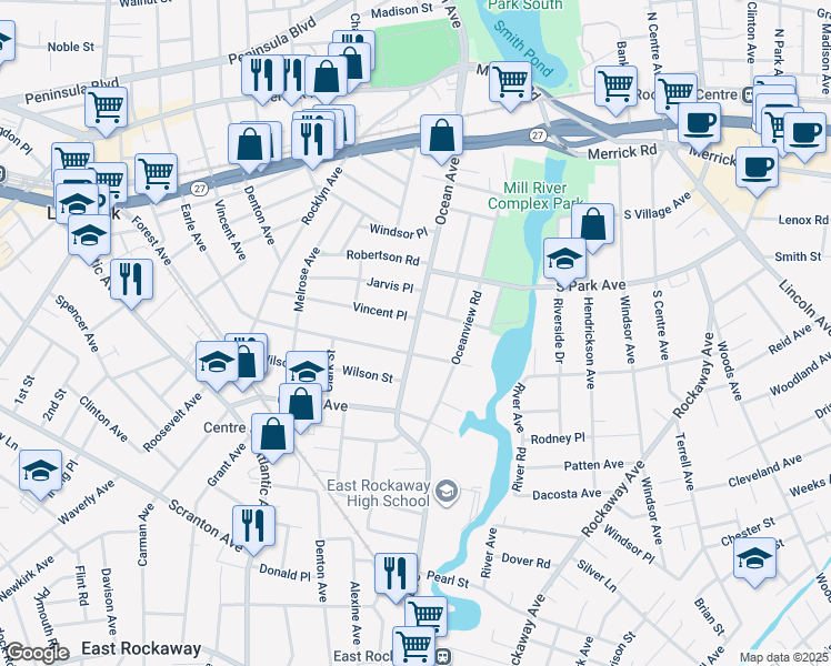 map of restaurants, bars, coffee shops, grocery stores, and more near 110 Vincent Place in Lynbrook
