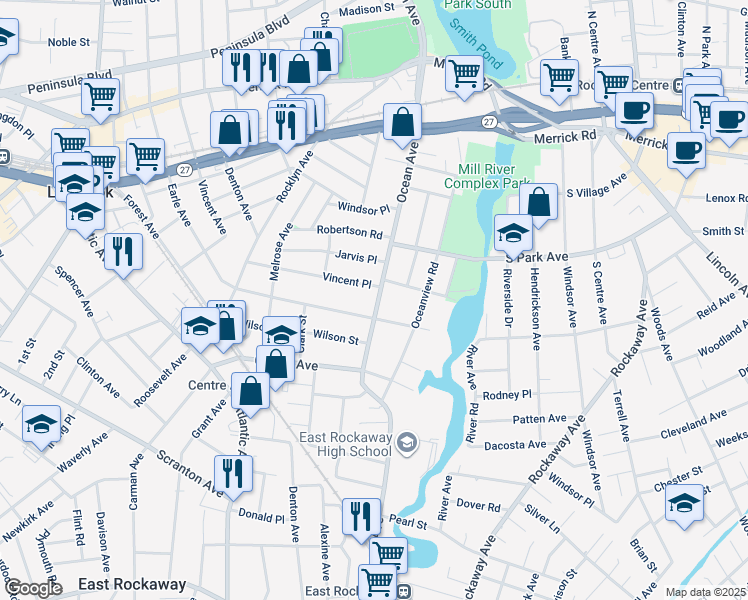 map of restaurants, bars, coffee shops, grocery stores, and more near 110 Vincent Place in Lynbrook