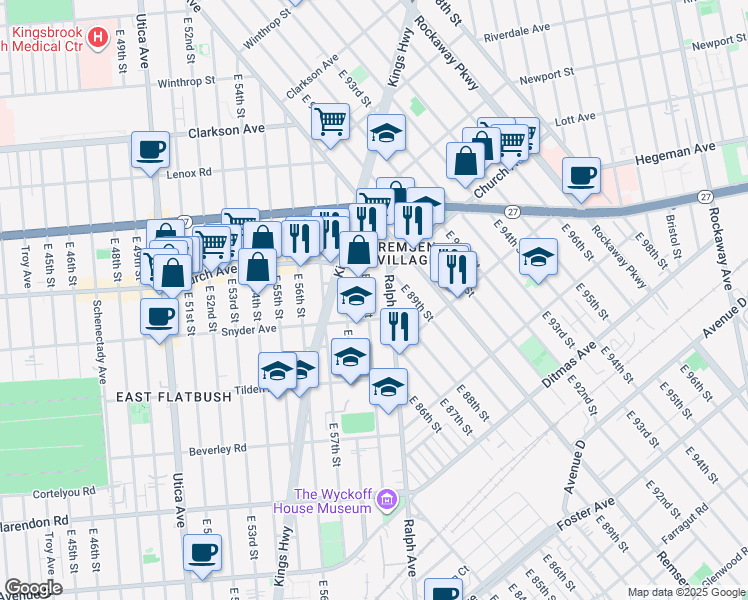 map of restaurants, bars, coffee shops, grocery stores, and more near 115 East 59th Street in Brooklyn