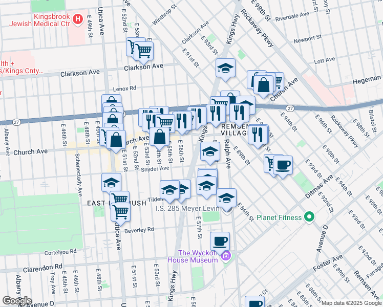 map of restaurants, bars, coffee shops, grocery stores, and more near 5735 Kingshigwy in Brooklyn