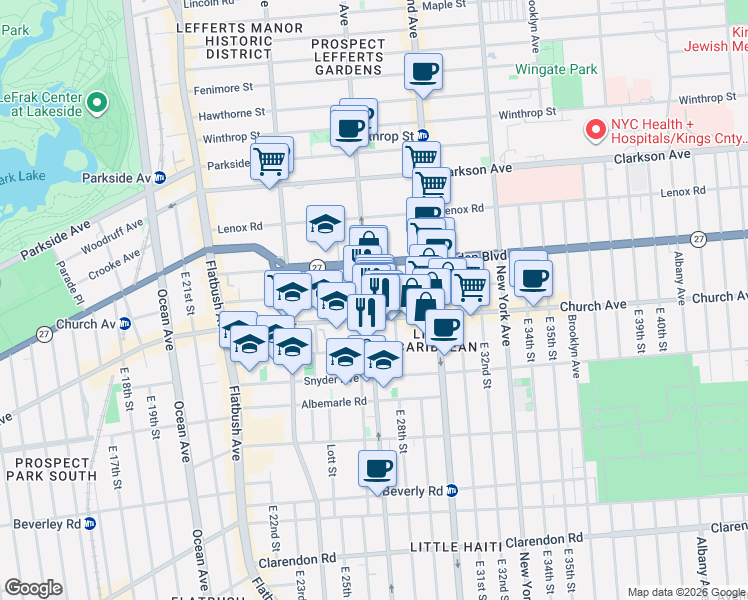 map of restaurants, bars, coffee shops, grocery stores, and more near 801 Rogers Avenue in Brooklyn