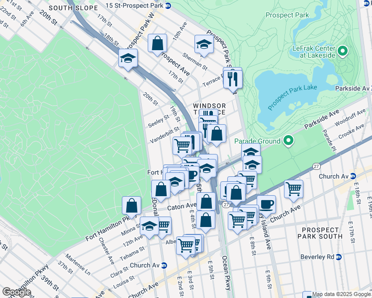 map of restaurants, bars, coffee shops, grocery stores, and more near 68 East 5th Street in Brooklyn