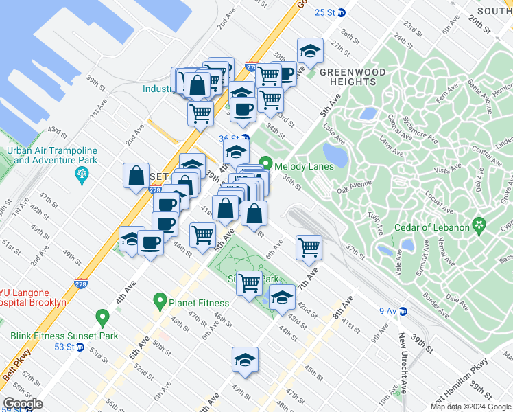 map of restaurants, bars, coffee shops, grocery stores, and more near 1309 5th Avenue in Brooklyn