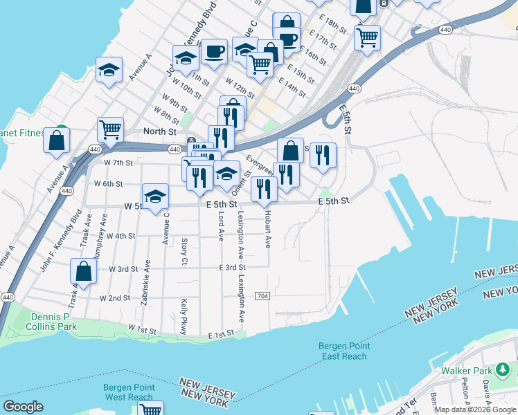 map of restaurants, bars, coffee shops, grocery stores, and more near 141 Hobart Avenue in Bayonne