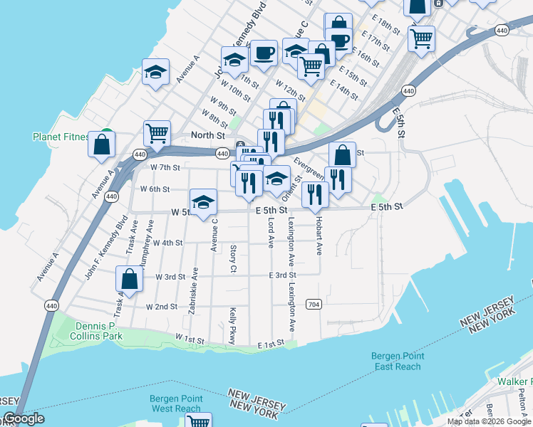 map of restaurants, bars, coffee shops, grocery stores, and more near 5 East 5th Street in Bayonne