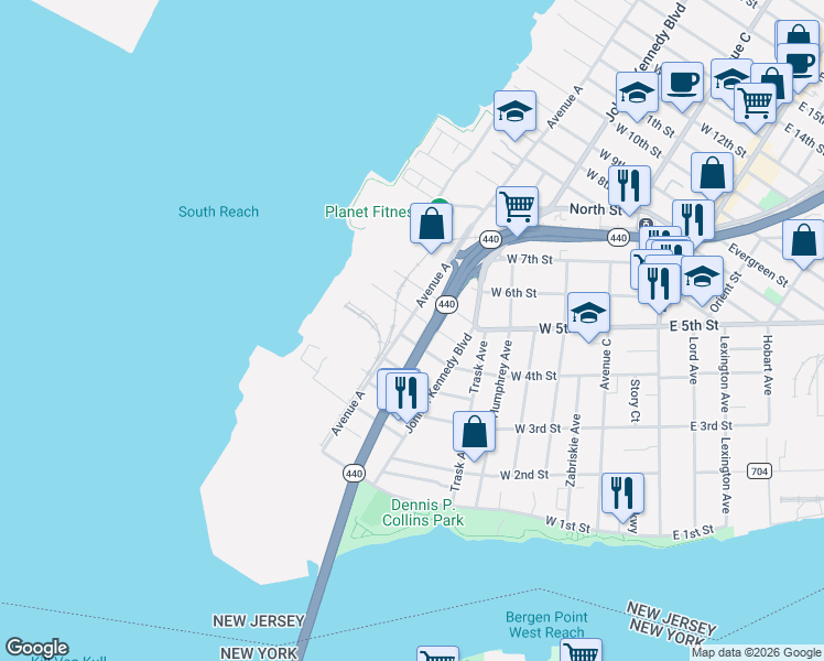 map of restaurants, bars, coffee shops, grocery stores, and more near 36 Margaret Street in Bayonne