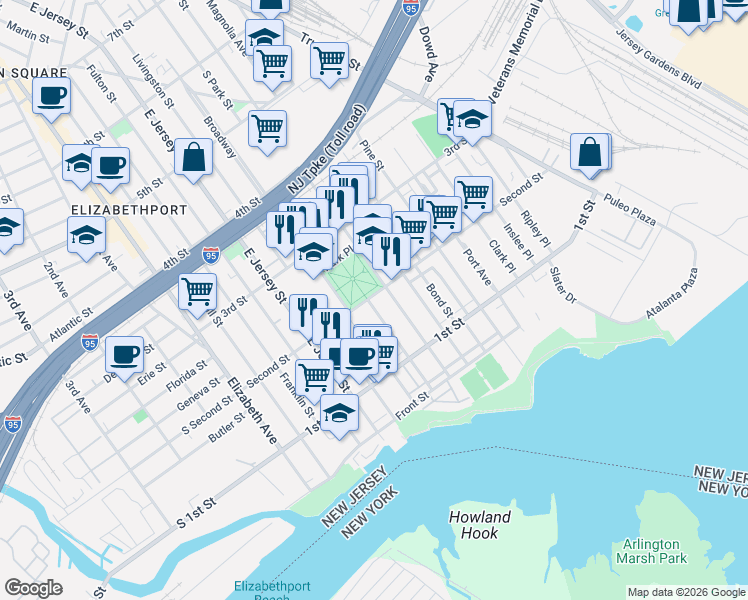 map of restaurants, bars, coffee shops, grocery stores, and more near 155 Second Street in Elizabeth