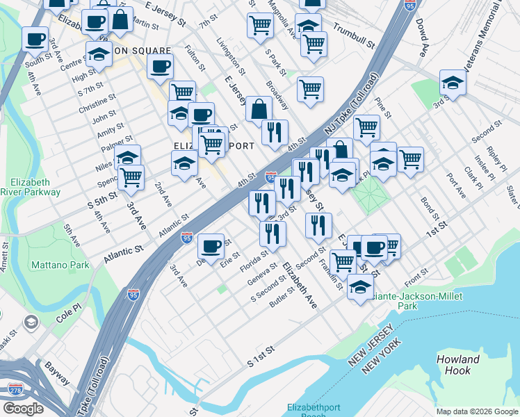 map of restaurants, bars, coffee shops, grocery stores, and more near 324-326 Marshall Street in Elizabeth