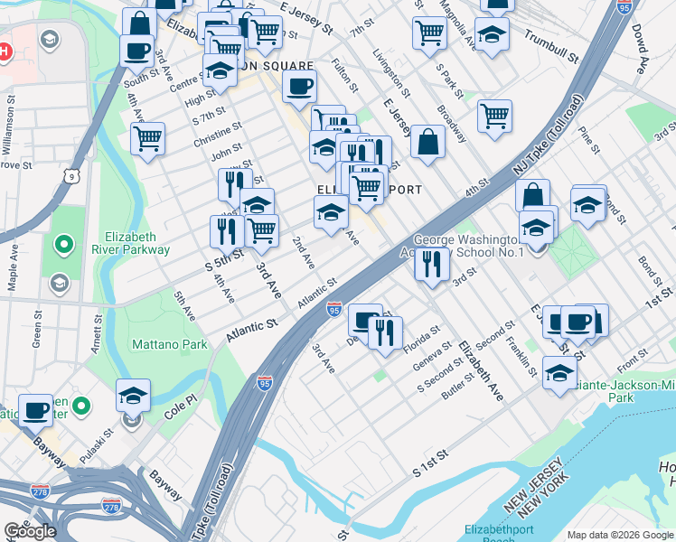 map of restaurants, bars, coffee shops, grocery stores, and more near 28 Rankin Street in Elizabeth