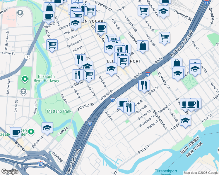 map of restaurants, bars, coffee shops, grocery stores, and more near 28 Rankin Street in Elizabeth