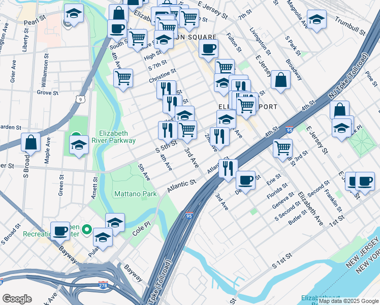 map of restaurants, bars, coffee shops, grocery stores, and more near 230 Loomis Street in Elizabeth