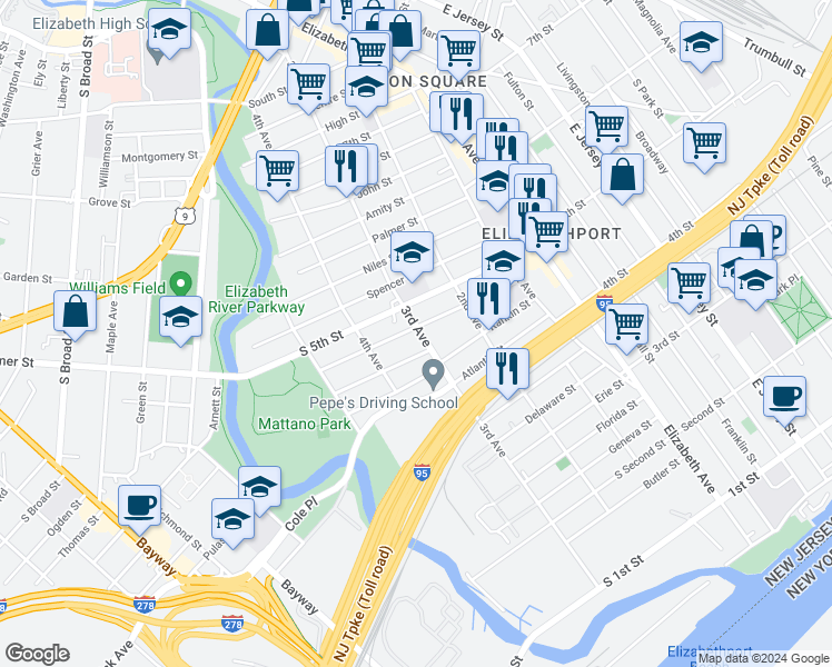 map of restaurants, bars, coffee shops, grocery stores, and more near 230 Loomis Street in Elizabeth