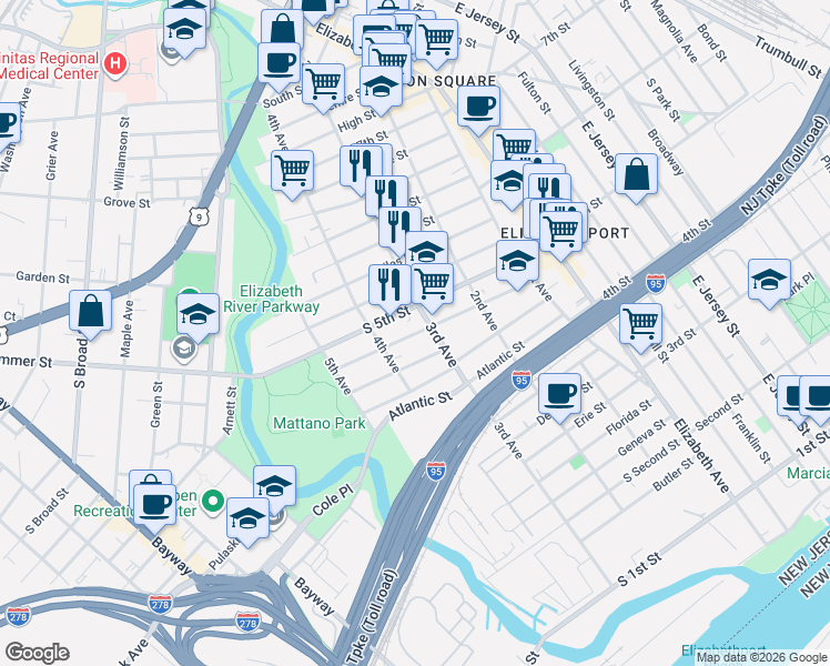 map of restaurants, bars, coffee shops, grocery stores, and more near 313 Loomis Street in Elizabeth