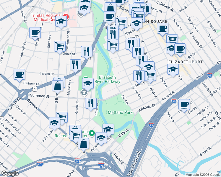 map of restaurants, bars, coffee shops, grocery stores, and more near 513 Spencer Street in Elizabeth
