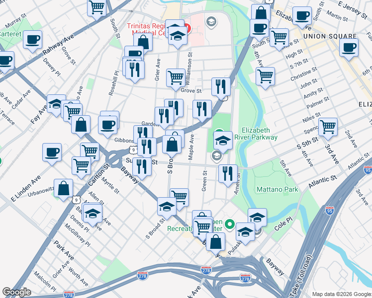 map of restaurants, bars, coffee shops, grocery stores, and more near in Elizabeth