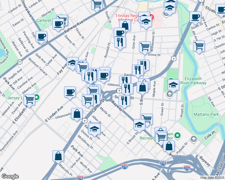 map of restaurants, bars, coffee shops, grocery stores, and more near 846 Gibbons Court in Elizabeth