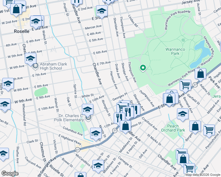 map of restaurants, bars, coffee shops, grocery stores, and more near 415 Morris Place in Roselle