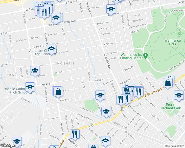 map of restaurants, bars, coffee shops, grocery stores, and more near 375 9th Avenue in Roselle