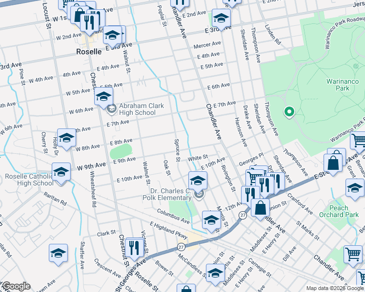 map of restaurants, bars, coffee shops, grocery stores, and more near 375 9th Avenue in Roselle