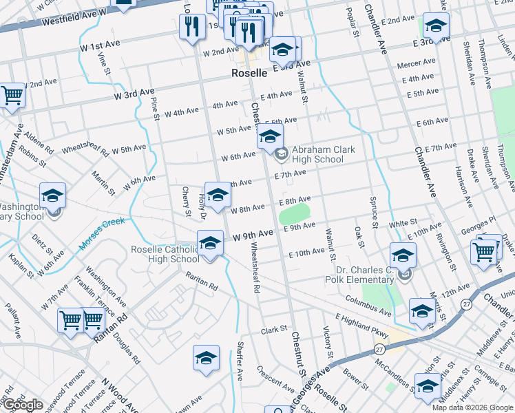 map of restaurants, bars, coffee shops, grocery stores, and more near 726 Chestnut Street in Roselle
