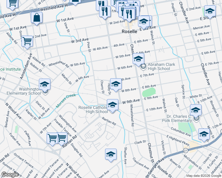 map of restaurants, bars, coffee shops, grocery stores, and more near 710 Locust Street in Roselle